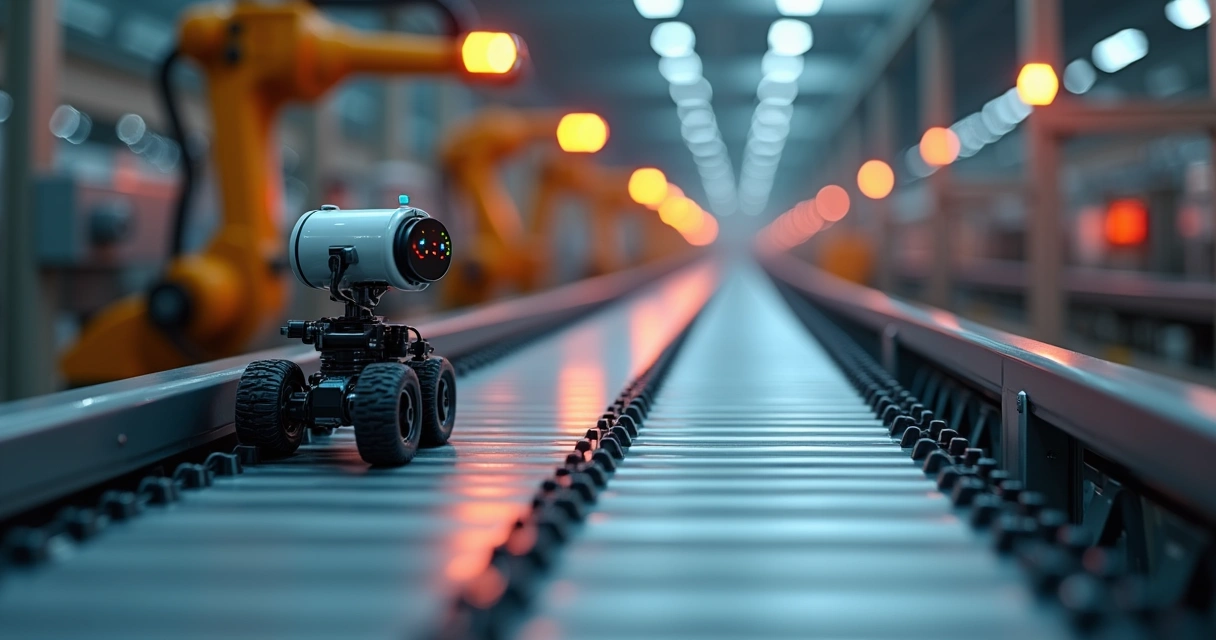 Robô analisando linha de produção para manutenção preditiva 