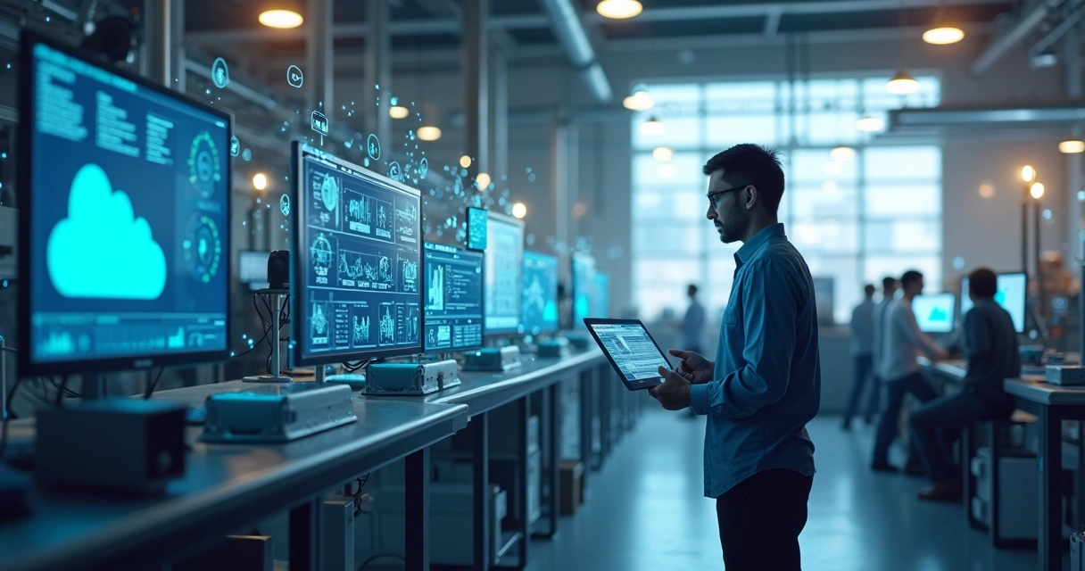 Fábrica moderna com máquinas inteligentes conectadas por IA, painéis digitais exibindo dados 