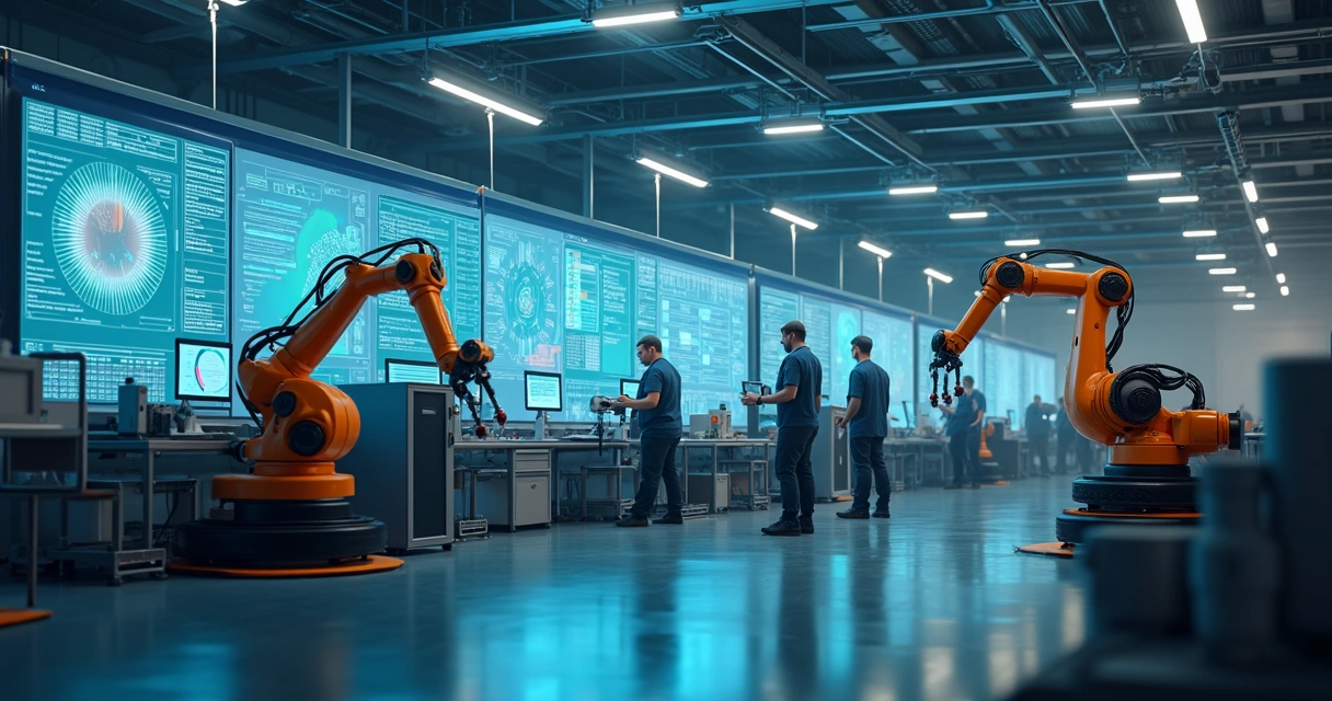 Linha de produção industrial automatizada com IA, robôs trabalhando lado a lado com pessoas na fábrica, painéis digitais 