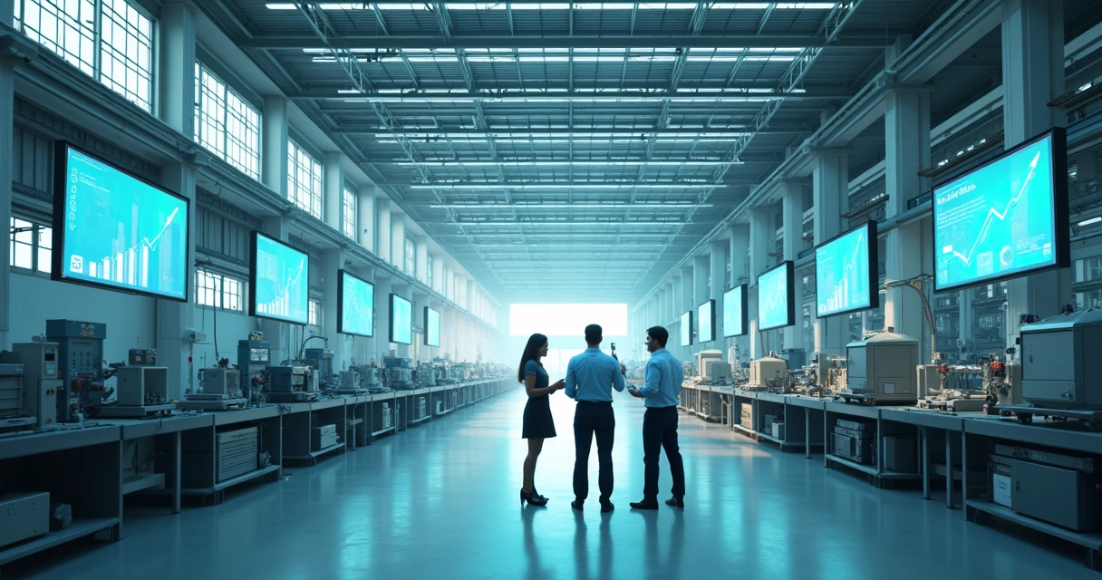 Fábrica moderna com painéis solares e placas mostrando gráficos de economia de impostos 