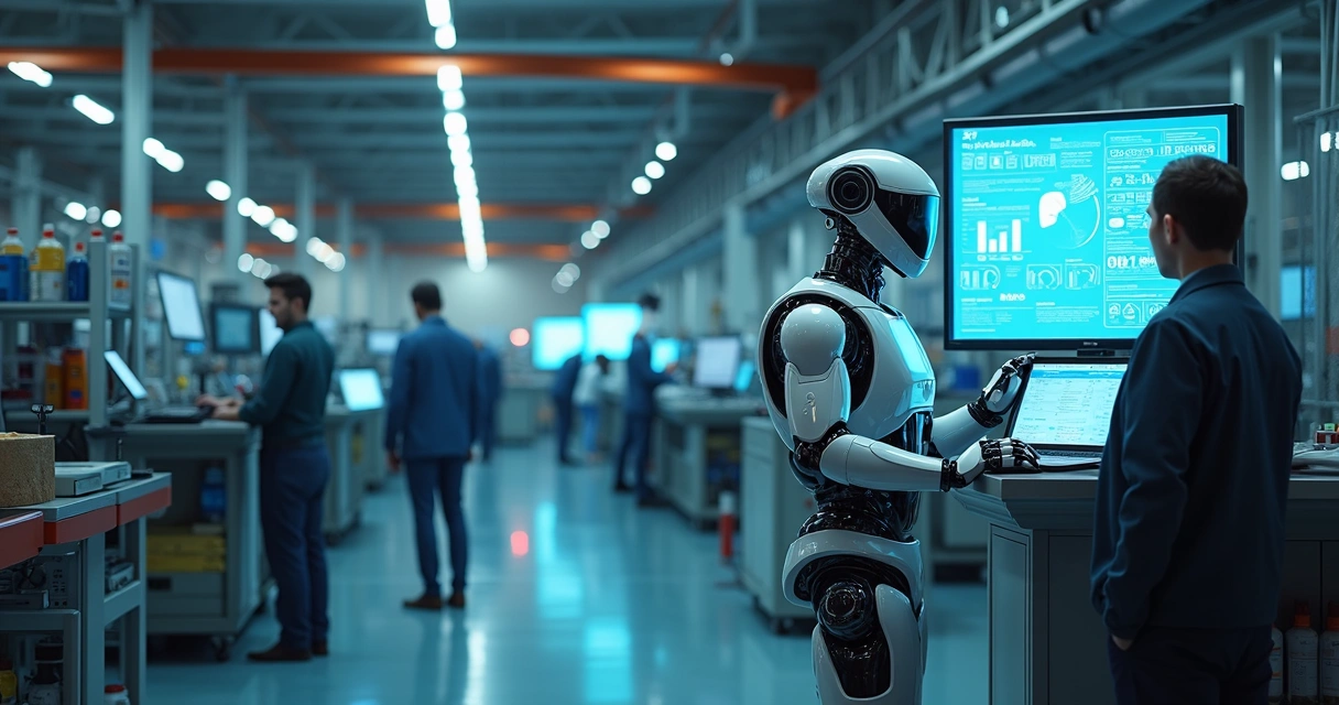 Robôs industriais colaborando com engenheiros em um ambiente automatizado e inteligente.