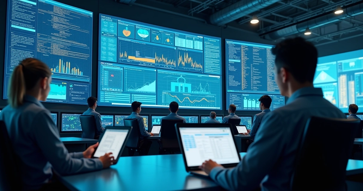 Tela de computador com dashboard industrial e gráficos. 