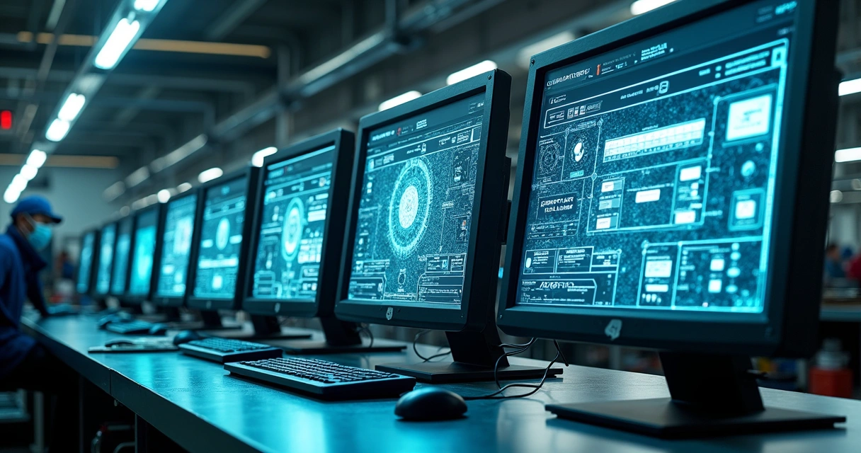 Telas de sistemas industriais com conectores digitais e ambiente fabril ao fundo