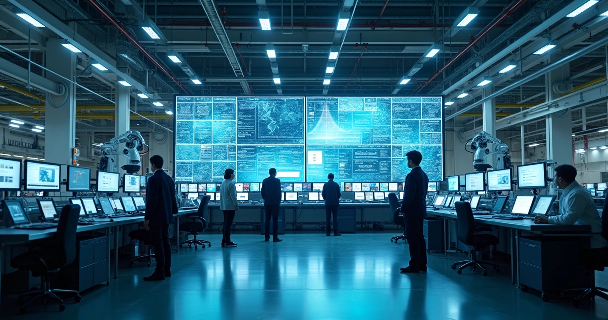 Operadores observando painéis digitais em fábrica moderna 