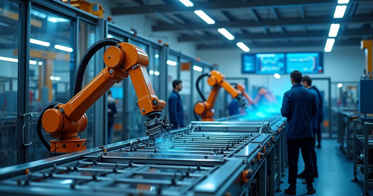 Linha de produção industrial com sensores conectados e robôs autônomos 