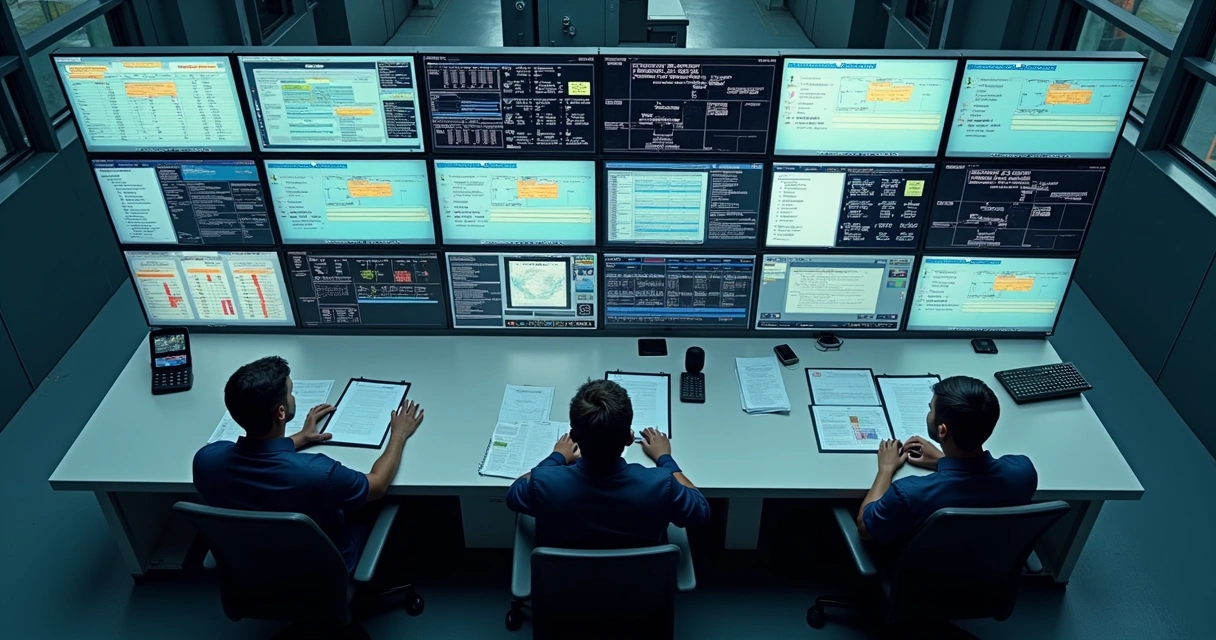 Gestores verificando múltiplos sistemas de treinamento em uma indústria 