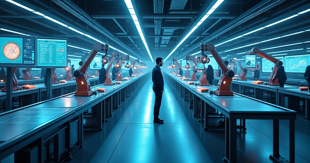 Linha de montagem industrial com máquinas automatizadas e operadores analisando painéis digitais 
