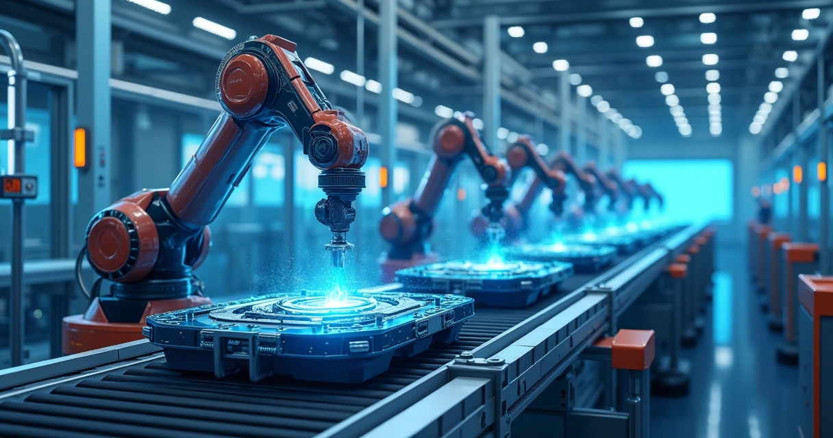 Braço robótico instalando peça em linha de produção industrial 