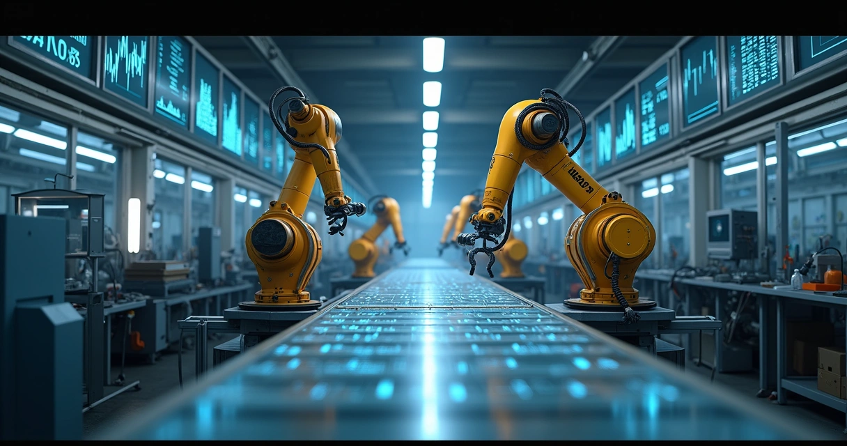 Linha de produção industrial com robôs e painéis eletrônicos em destaque. 