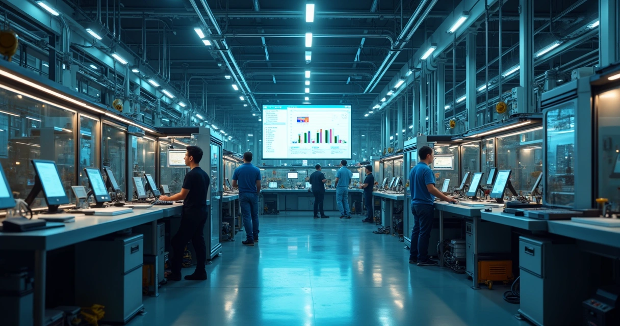 Vista de chão de fábrica com sensores IoT em máquinas e integração a painel digital