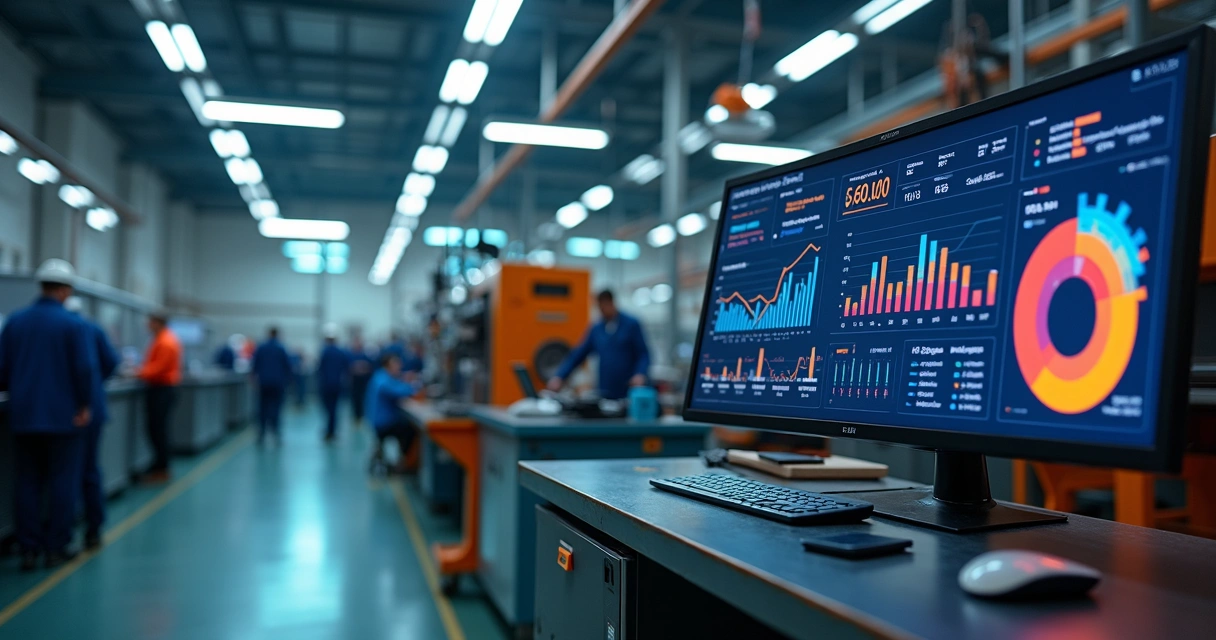 Linha de produção industrial e monitor com dados de vendas digitais 