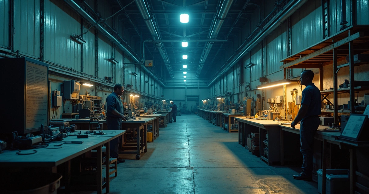 Ambiente industrial com iluminação deficiente, linhas de produção parcialmente nas sombras e operários trabalhando com dificuldade. 