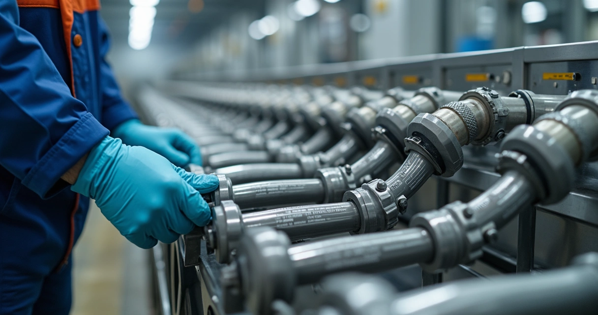 Operador industrial inspecciona mangueiras reforçadas conectadas em equipamento de produção 
