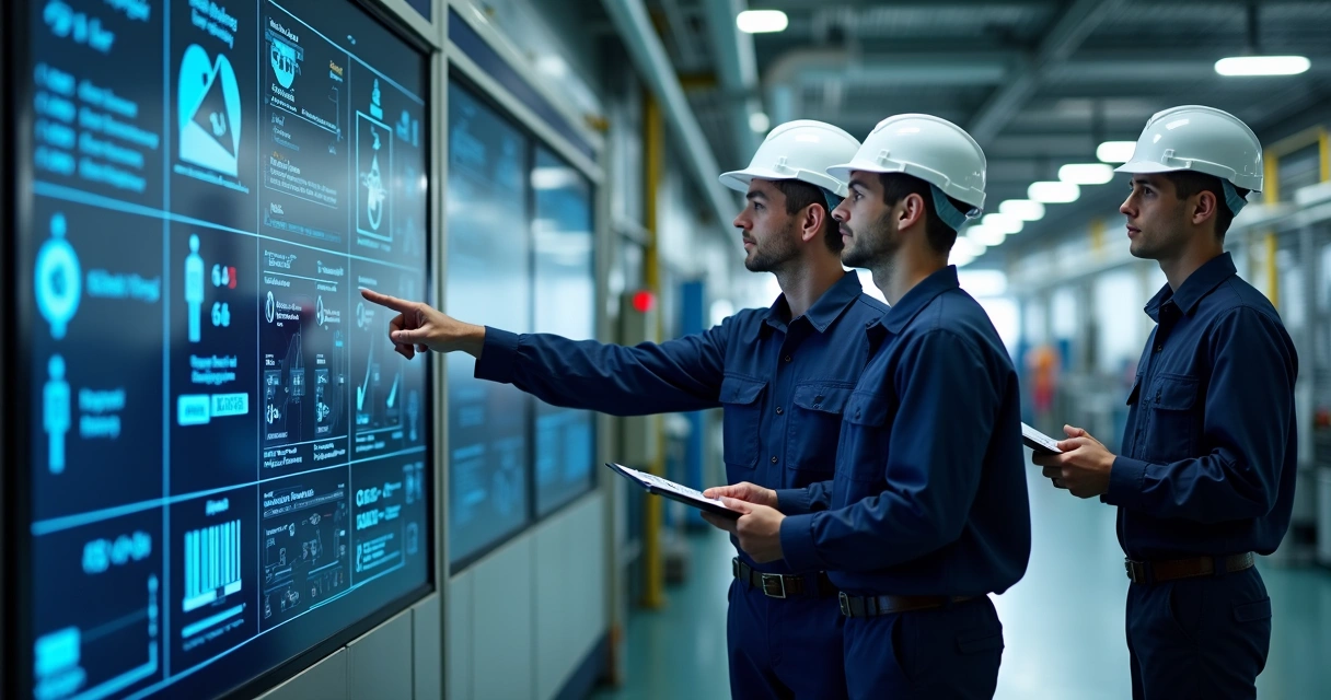 Equipe de manutenção observa painel de controle em chão de fábrica 
