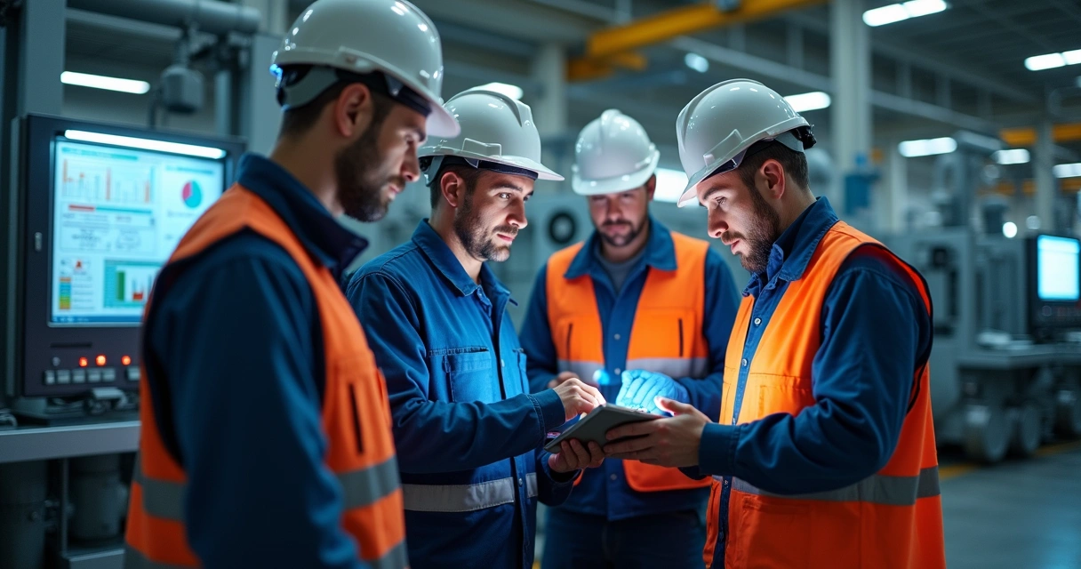 Equipe em fábrica analisando painel em tablet com gráficos de sensores 