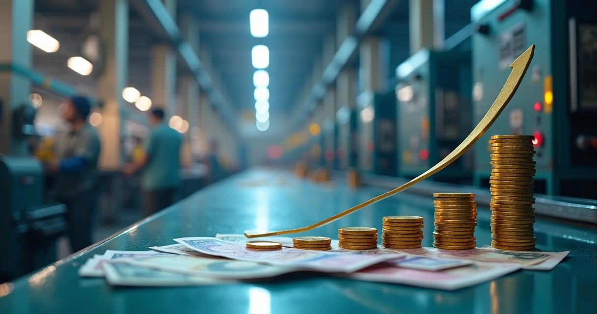 Máquinas industriais com notas de dinheiro ao redor 