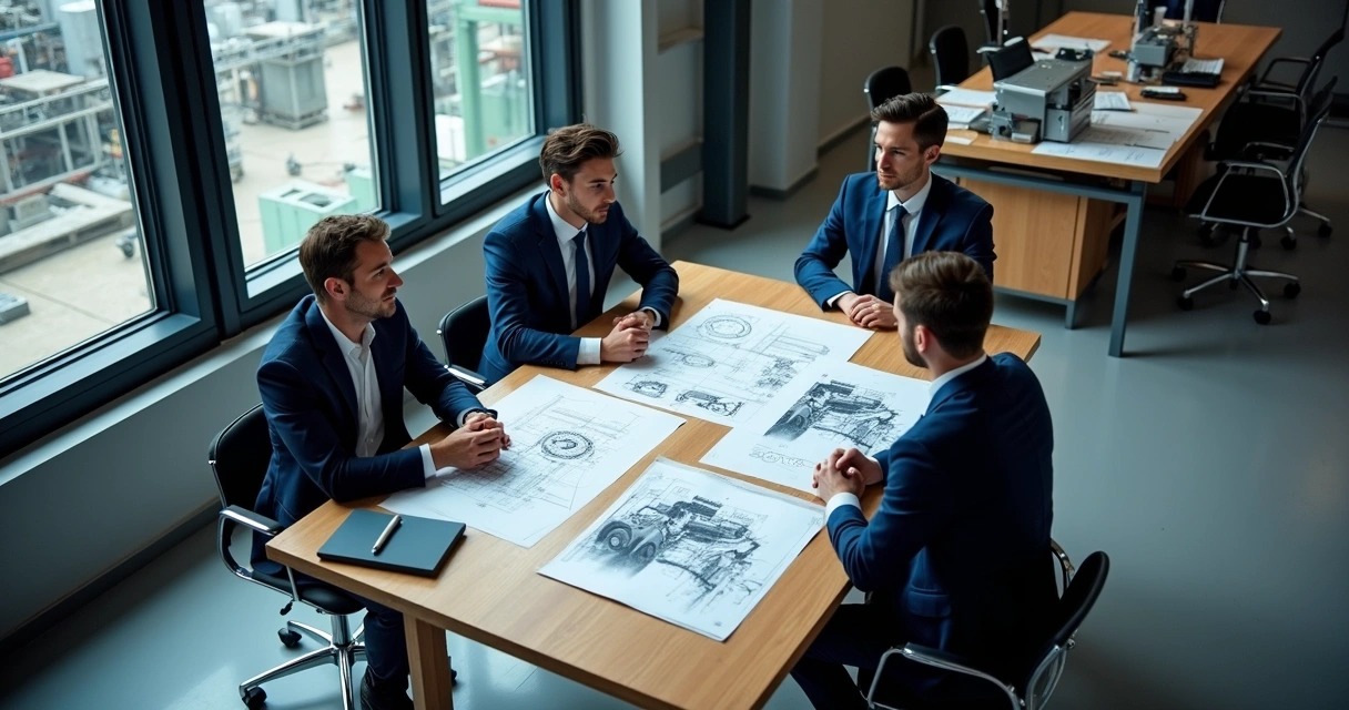 Profissionais em reunião discutindo estratégias de marketing industrial 