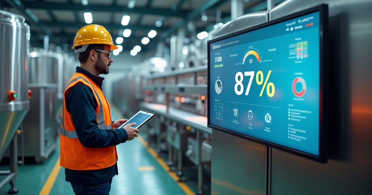 Gestor analisando painel digital de OEE em chão de fábrica de alimentos 