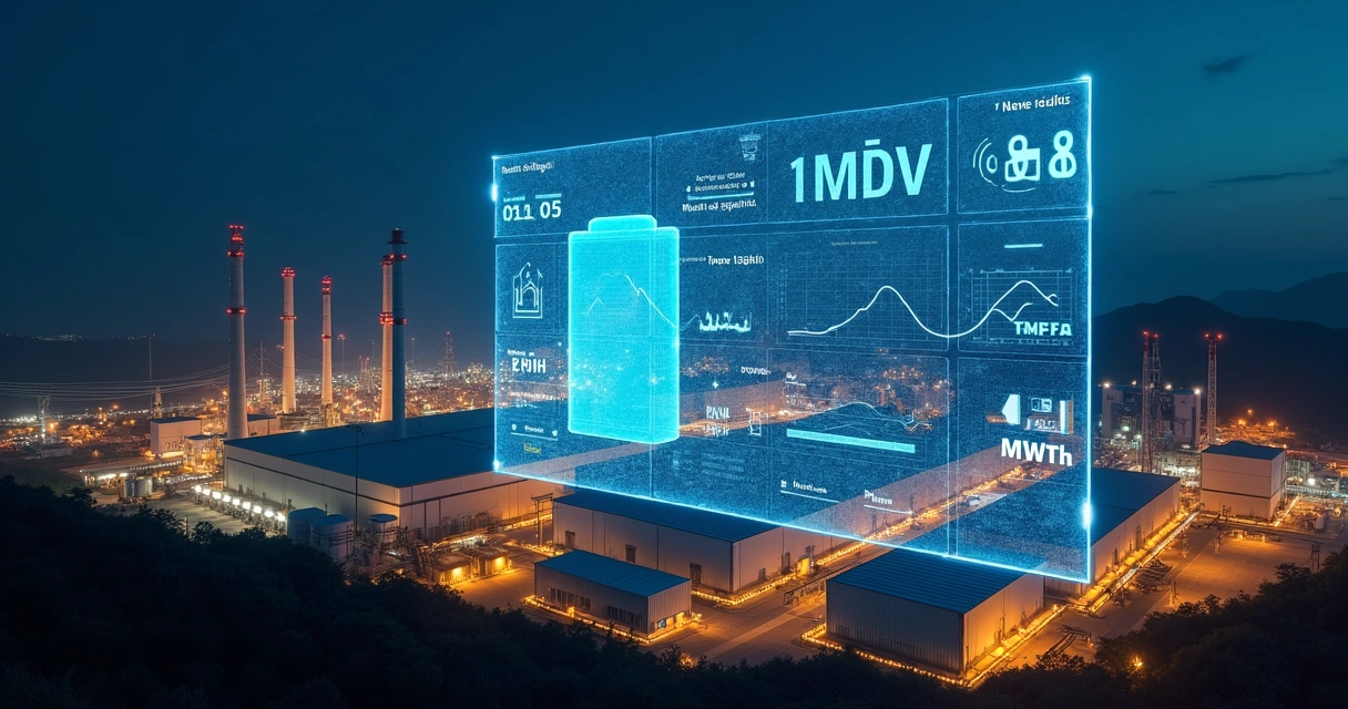 Complexo industrial noturno com painel digital exibindo megabateria BESS em destaque 