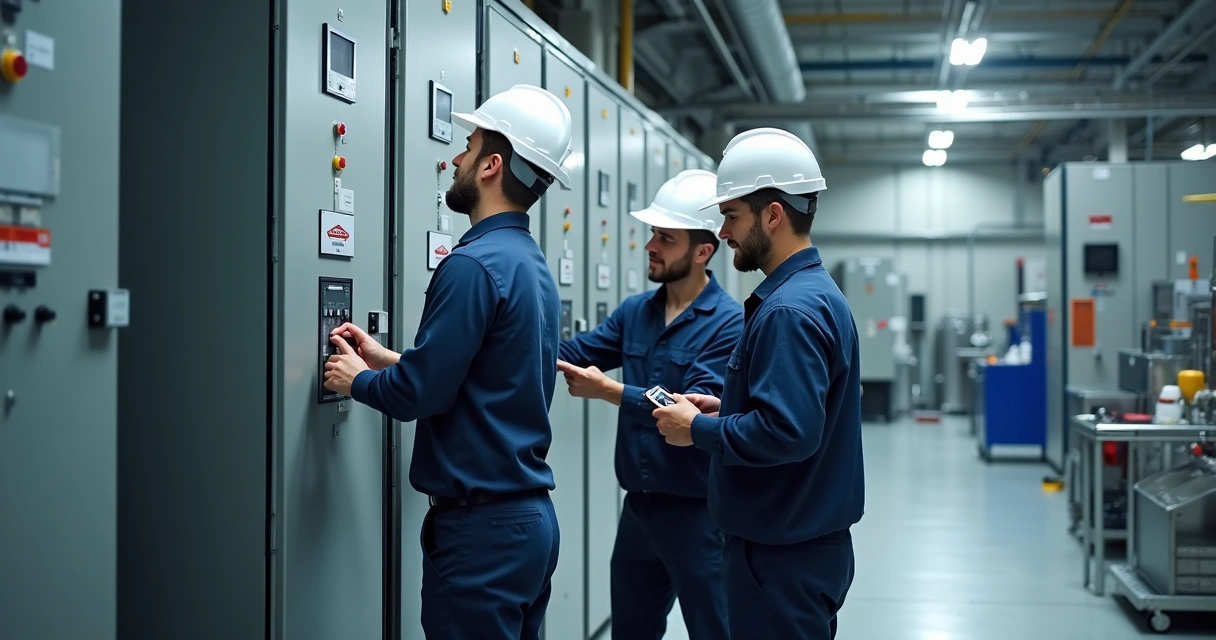 Equipe fazendo manutenção em quadro de energia em fábrica moderna 