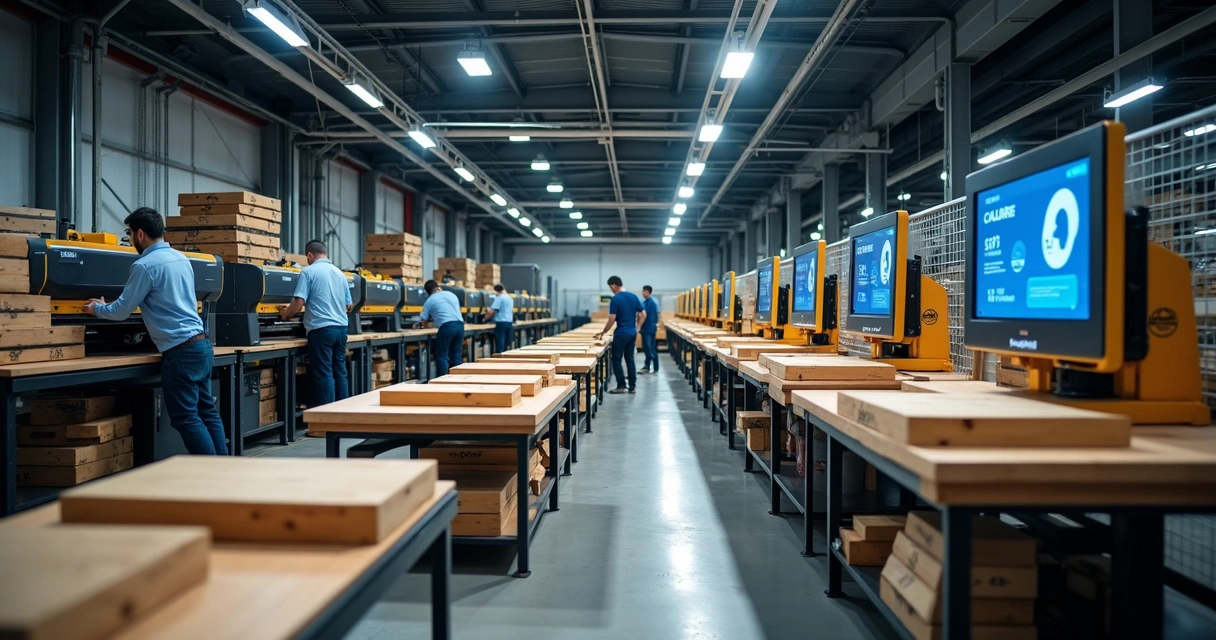 Linha de produção de móveis industriais em Ubá com painéis digitais e funcionários operando máquinas de corte. 
