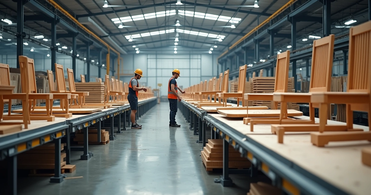 Funcionários em linha de produção montando móveis de madeira 