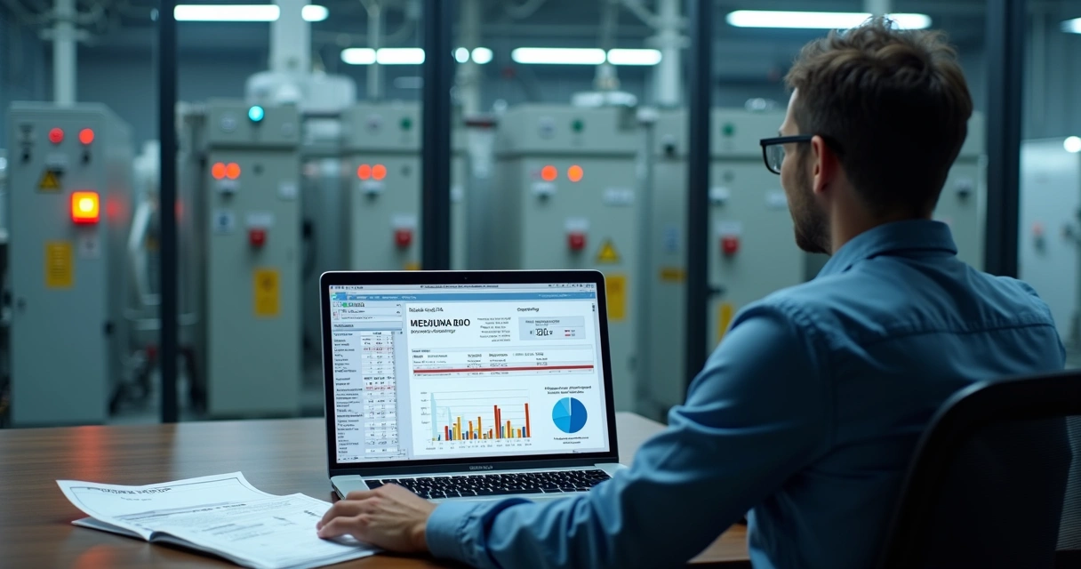 Gerente analisa conta de energia industrial com alerta de multa por baixo fator de potência 