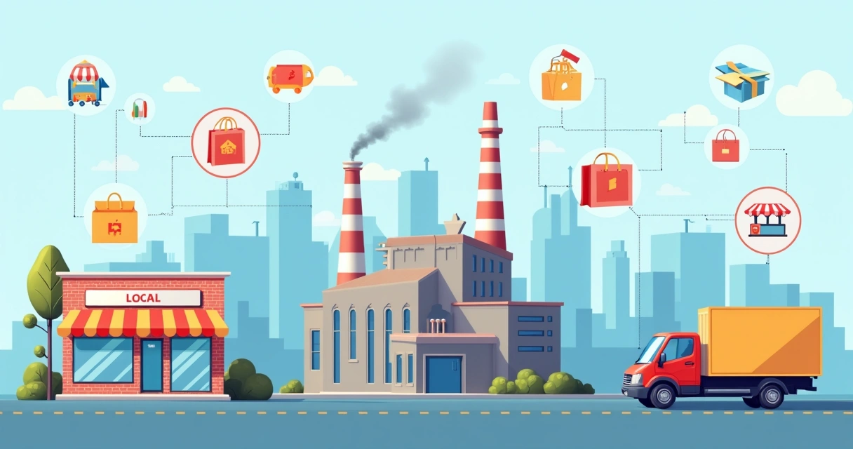 Ilustrações de indústria, loja local e e-commerce integradas 