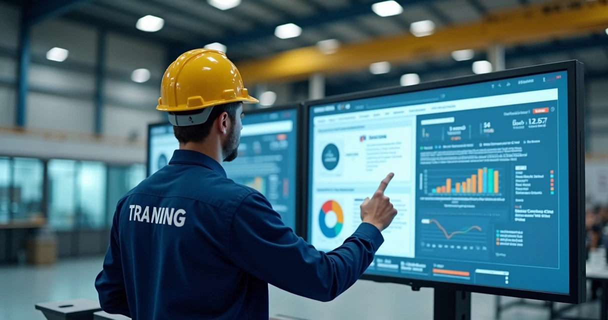 Gestor de indústria conferindo painel de treinamento digital 