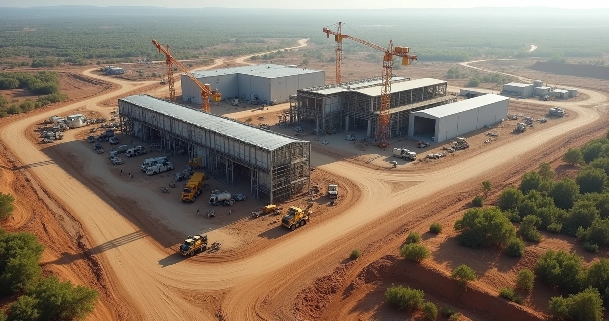 Área industrial com obras e galpões em região remota e estradas de terra 