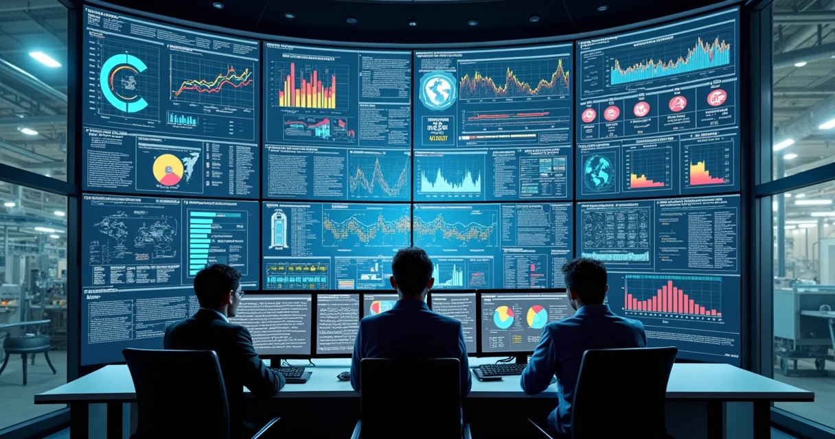 Equipe industrial monitorando IA em sala de controle 