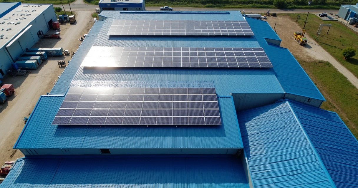 Vista aérea de uma indústria com painéis solares instalados no telhado