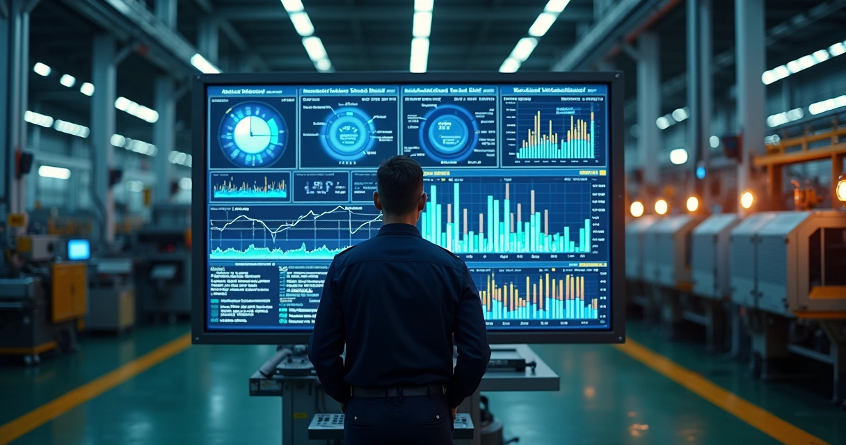 Operador industrial supervisionando painel digital de controle de produção 