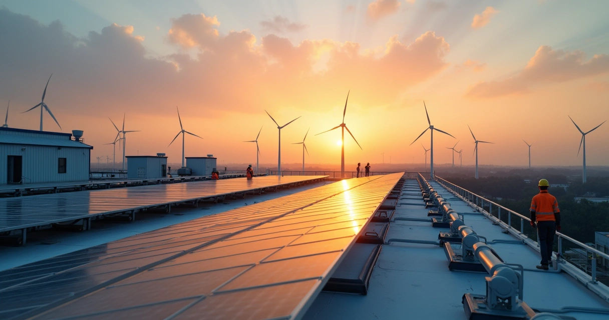 Instalação de painéis solares em uma fábrica ao entardecer 