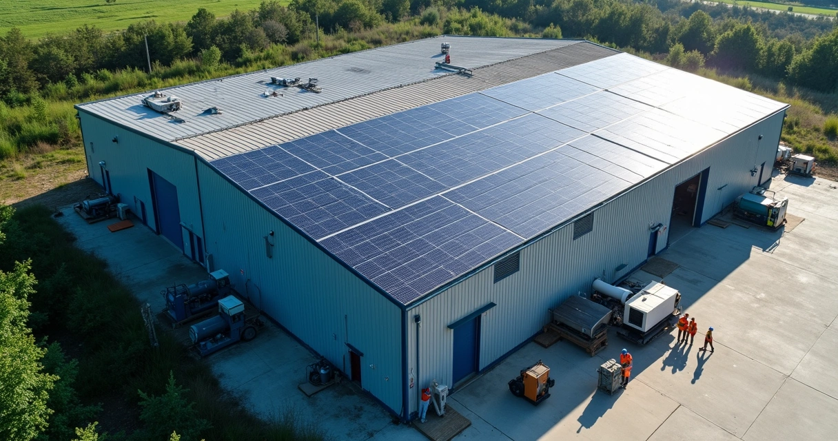 Painéis solares instalados no telhado de uma pequena indústria 