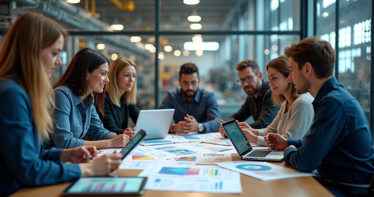 Equipe de indústria pequena analisando CRM 