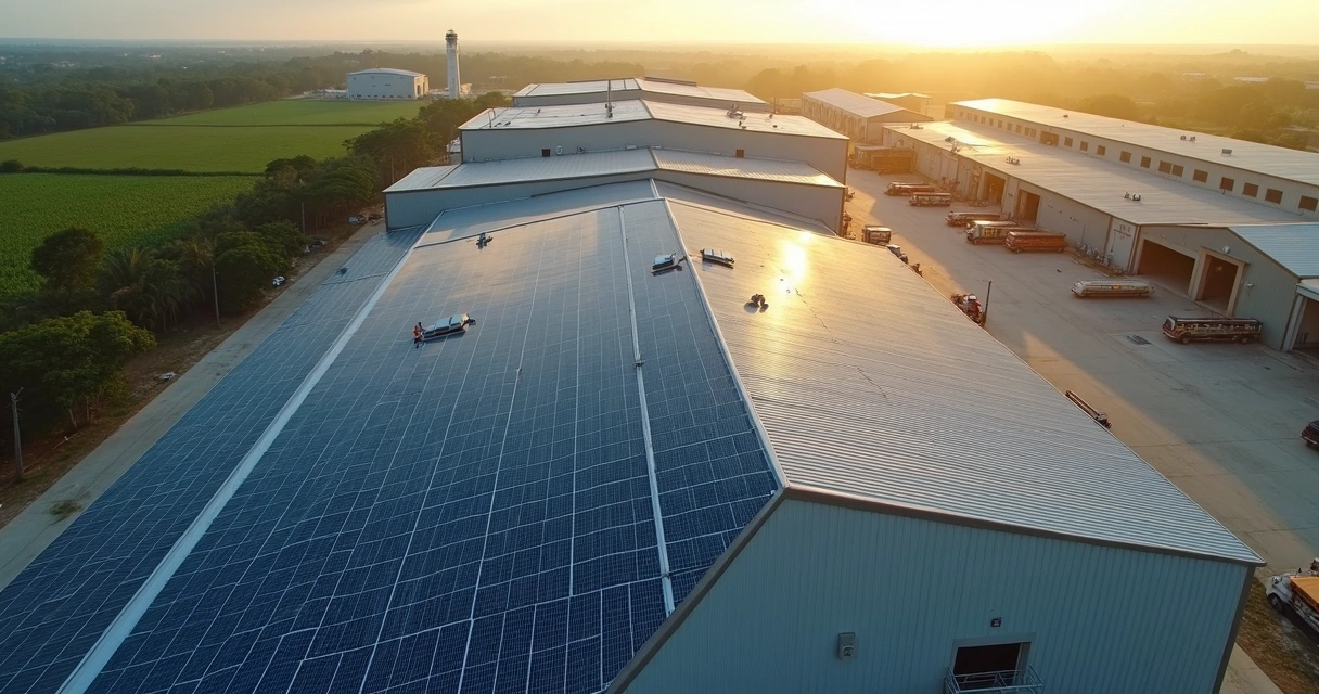 Complexo industrial em Pernambuco com paineis solares no telhado ao amanhecer 