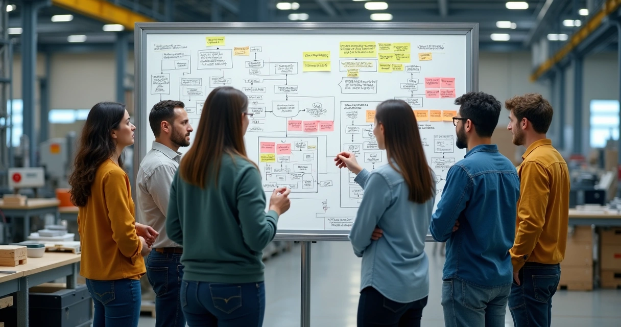 Equipe industrial em reunião de planejamento diante do quadro branco com fluxos e metas 