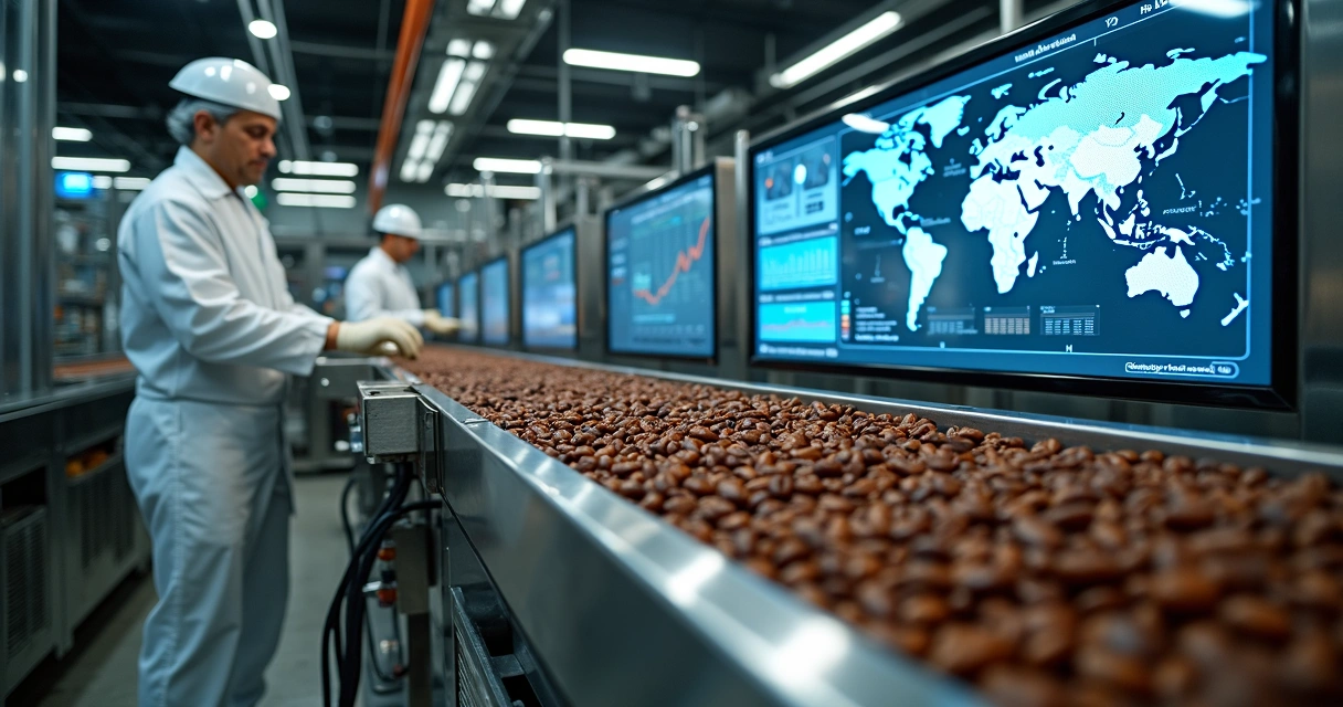 Linha de produção industrial processando grãos de cacau 