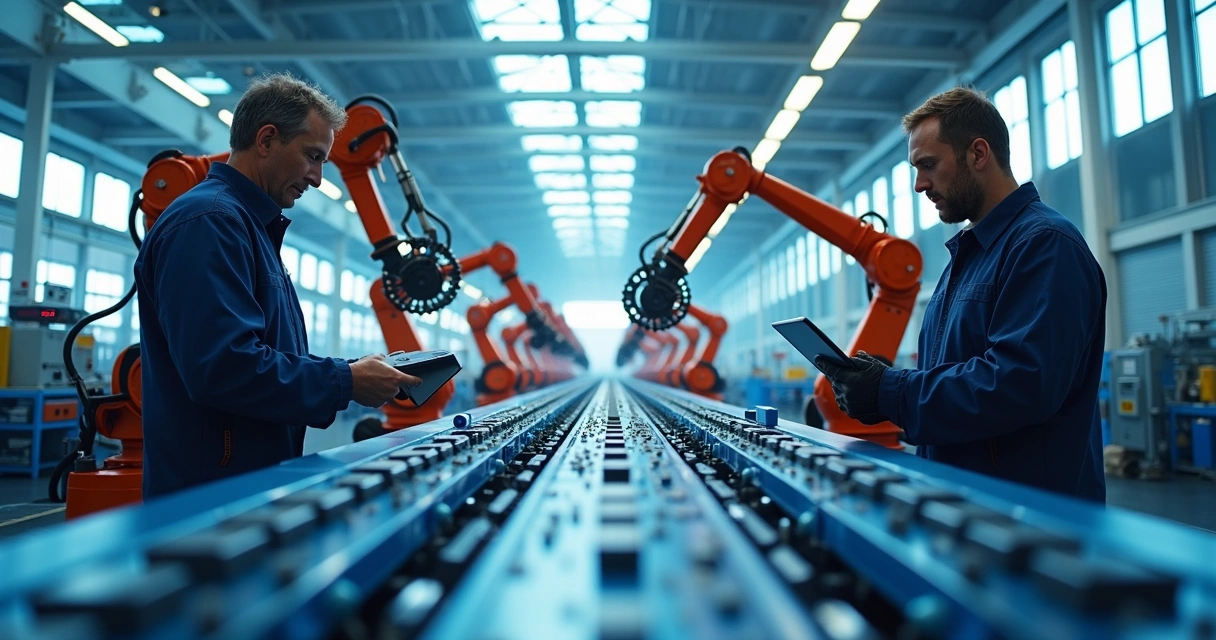Linha de produção industrial automatizada com robôs industriais 
