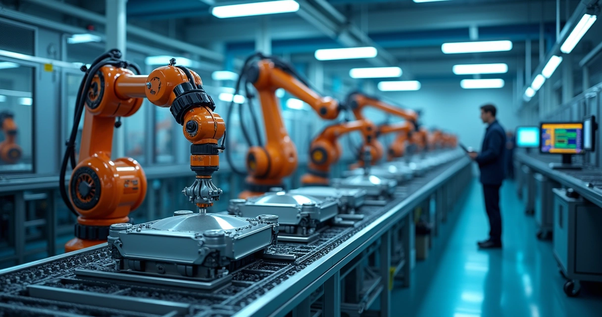 Processo industrial automatizado com robôs trabalhando em linha de montagem 
