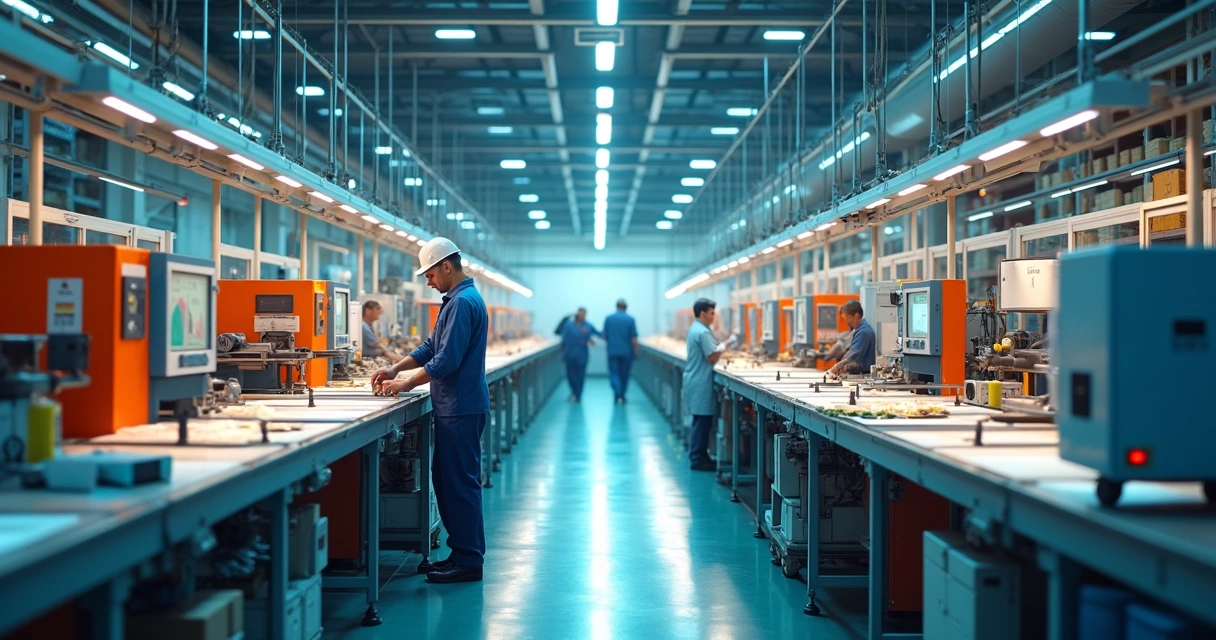 Linha de produção industrial com funcionários em uniformes ao lado de correias transportadoras, várias máquinas coloridas e painéis de controle. 