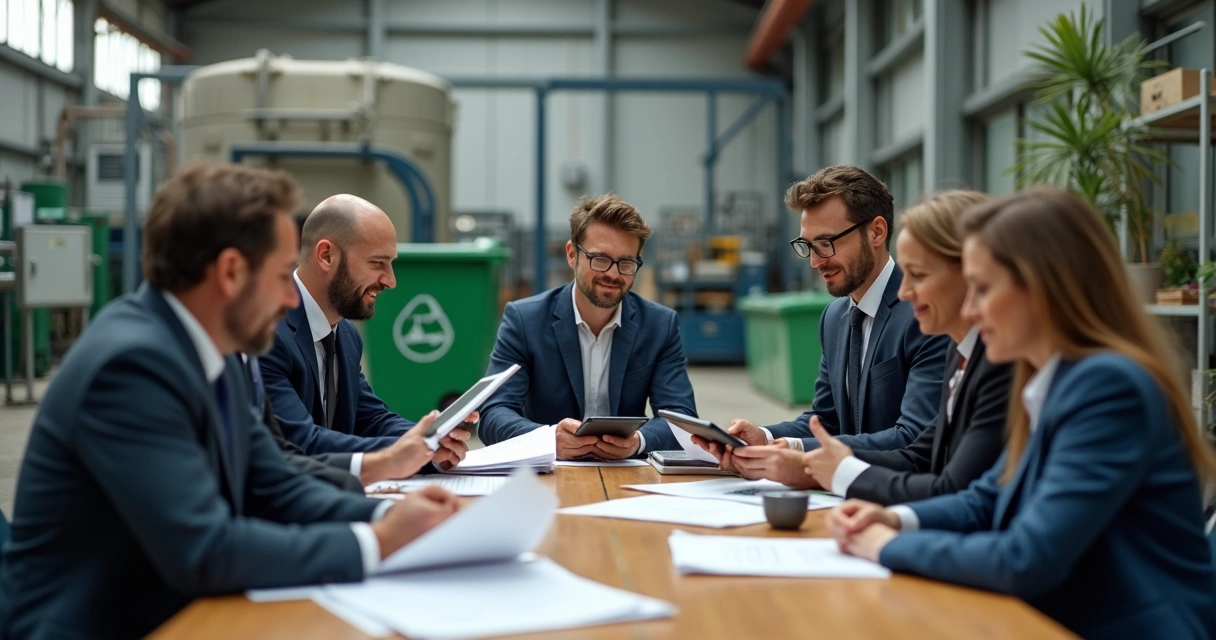 Equipe empresarial analisa projeto de reciclagem em ambiente industrial 