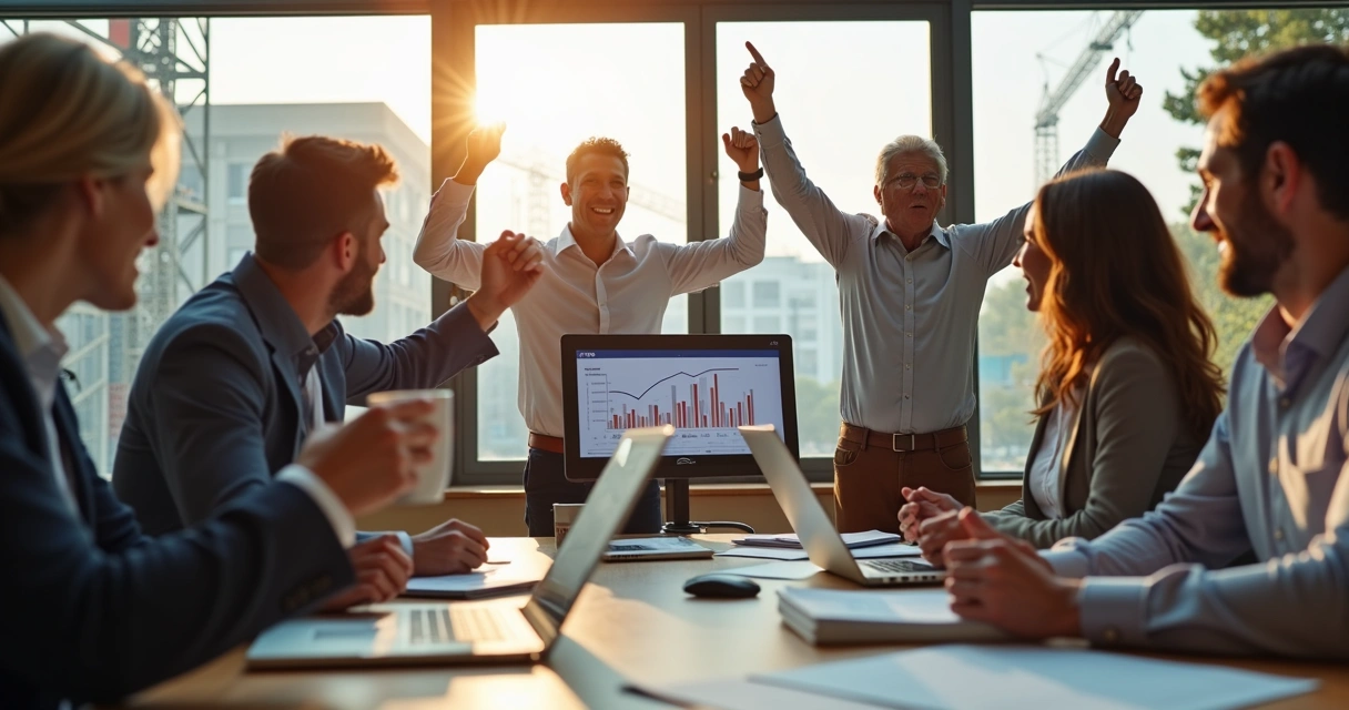 Equipe de vendas comemorando sucesso em prospecção B2B na indústria 