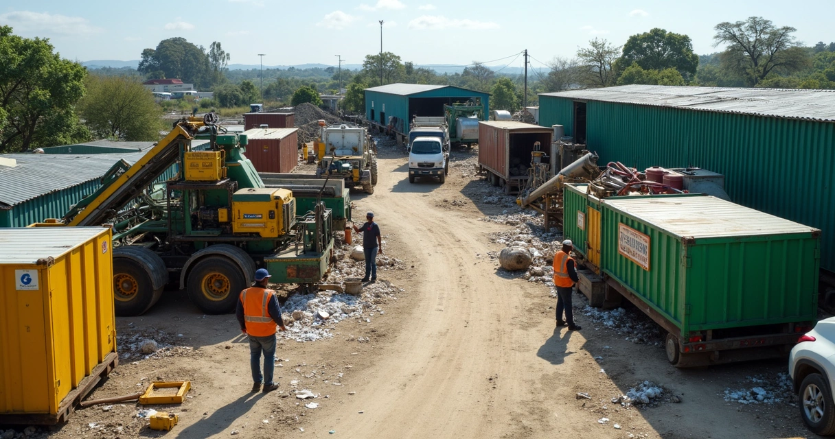 Vista geral de pátio industrial de reciclagem, caminhões e máquinas trabalhando entre fardos de plástico 