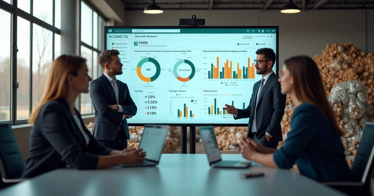 Equipe de indústria reunida com painel de plataforma Conecta LIR e gráficos de impacto ESG 