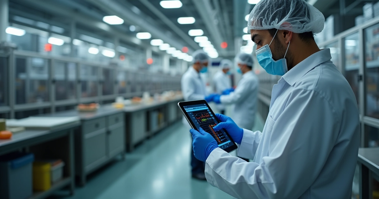 Técnico digitando dados em sistema de gestão alimentícia em ambiente fabril 