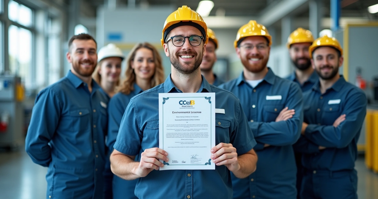 Equipe industrial exibindo licença ambiental da CETESB