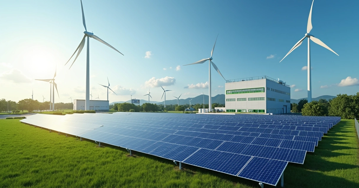 Lista Atualizada de Indústrias no Brasil por Setor e Região 14 Parque industrial com painéis solares e turbinas eólicas ao fundo