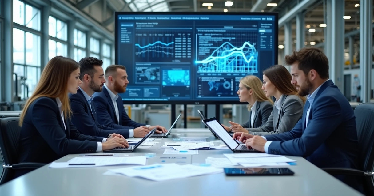 Equipe de vendas reunida em mesa discutindo dados industriais 